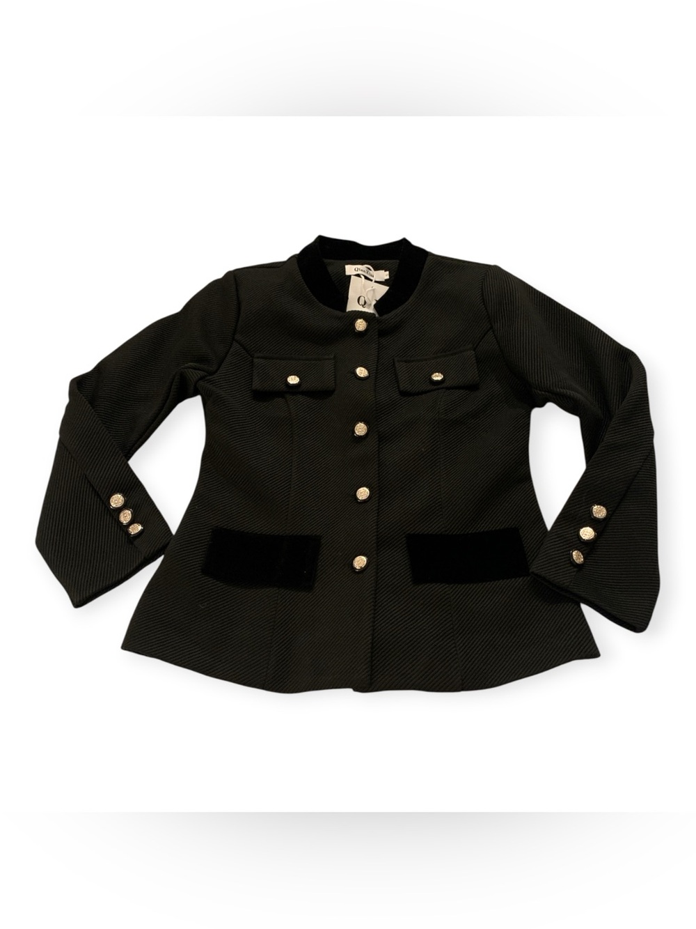 Chic Black Button-Front Women's Blazer with Velvet Trim